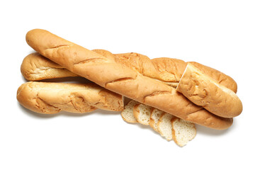 Loaves of delicious baguette isolated on white background