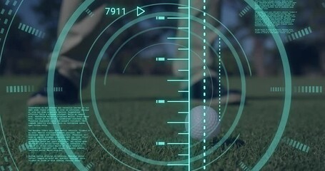 Animation of scope scanning and data processing over caucasian man playing golf
