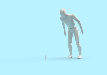 A big human robot looks and listens to another human robot. 3d render on the topic of communication, development, engineering. Blue background.