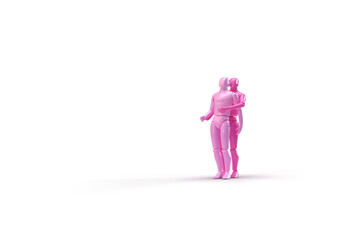 A pink robots, people hug. 3d render on the topic of LGBT, love, technology, technology. Modern minimal style, transparent background.