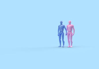 Blue and pink robots, people holding hands. 3d render on the topic of family, love, technology, technology. Modern minimal style, blue background.