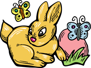 Easter bunny with basket, eggs, flowers, butterfly. Decorative vector design composition for poster print, greeting card, kids party invitation. Hand drawn illustration. Vintage cartoon style drawing.