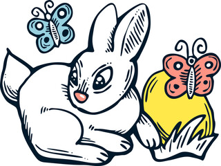 Easter bunny with basket, eggs, flowers, butterfly. Decorative vector design composition for poster print, greeting card, kids party invitation. Hand drawn illustration. Vintage cartoon style drawing.