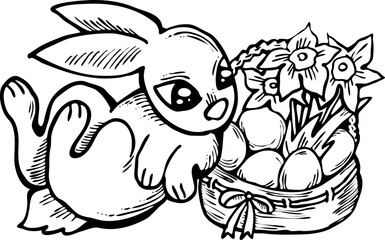 Easter bunny with basket, eggs, flowers, butterfly. Decorative vector design composition for poster print, greeting card, kids party invitation. Hand drawn illustration. Vintage cartoon style drawing.