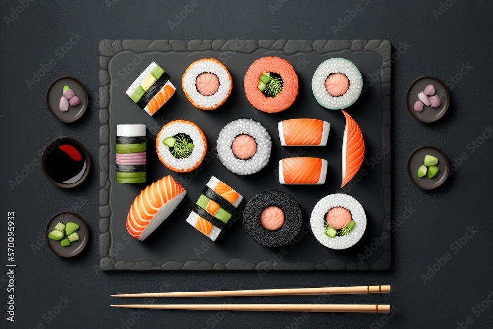 Sticker set of sushi and maki on stone table. top view with copy space. generative ai