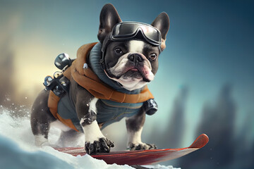 French bulldog dressed in human clothes, ai generated, puppy snowboarder 