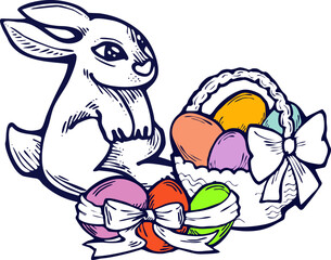 Easter bunny with basket, eggs, flowers, butterfly. Decorative vector design composition for poster print, greeting card, kids party invitation. Hand drawn illustration. Vintage cartoon style drawing.