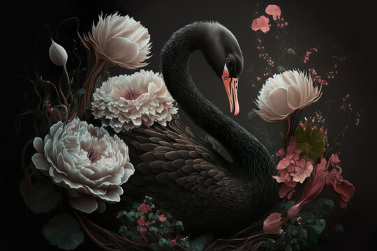 Black swan, flowers. Digital art AI