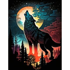 Colorful Illustration Wolf Howling At Moon, Generative AI, Blue, Orange, Yellow