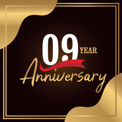 09th Anniversary celebration logo vector luxury design with gold red and black color on black and gold background abstract 