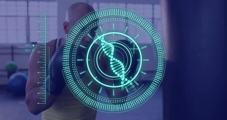 Animation of data processing and scope scanning with dna strand over caucasian male boxer - Powered by Adobe