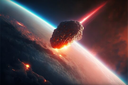 A red-hot asteroid flies into the earths atmosphere at, concept of Speed and Friction, created with Generative AI technology