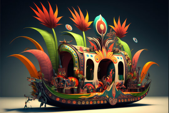 Brazilian carnival floats with beautiful samba themed sculptures and colorful embellishments.