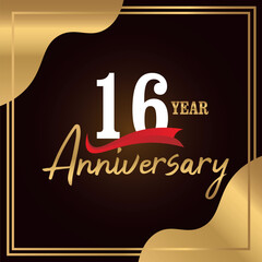 16th Anniversary celebration logo vector luxury design with gold red and black color on black and gold background abstract 