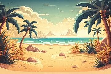 Fototapeta na wymiar Summer travel and vacation concept Sand beach with palm trees and a hazy view of the ocean in the summertime. Generative AI