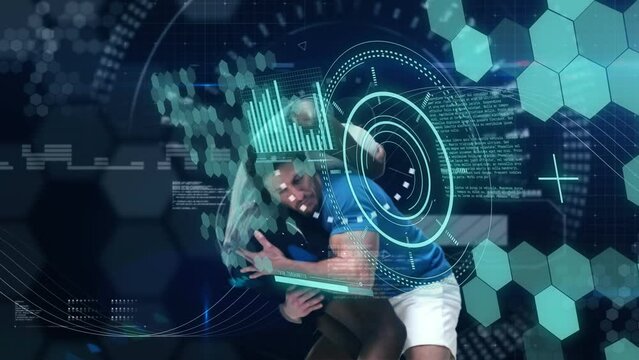 Animation of data processing and scope scanning over diverse male rugby players - Powered by Adobe