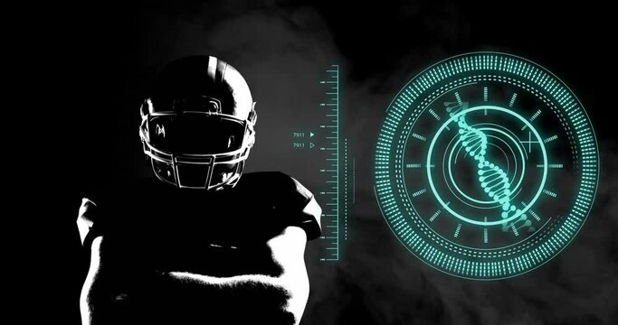 Animation of scope scanning and data processing over african american male american football player