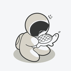 cute chibi astronaut holding turtle art illustration