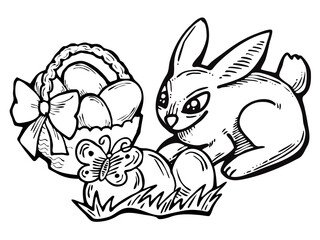 Easter bunny with basket, eggs, flowers and butterfly. Decorative design composition for poster print, greeting card, kids party invitation. Hand drawn illustration. Vintage cartoon style drawing.