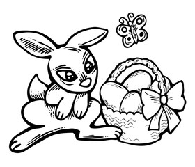 Easter bunny with basket, eggs, flowers and butterfly. Decorative design composition for poster print, greeting card, kids party invitation. Hand drawn illustration. Vintage cartoon style drawing.