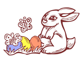 Easter bunny with basket, eggs, flowers and butterfly. Decorative design composition for poster print, greeting card, kids party invitation. Hand drawn illustration. Vintage cartoon style drawing.