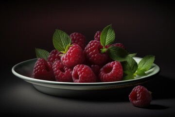 raspberry bowl, black background, generative ai