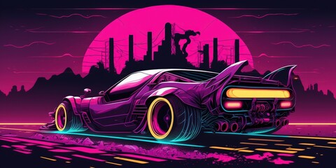 Naklejka na ściany i meble On a neon cyberpunk background, a futuristic sports automobile. Cyberpunk Retro Sports Car, Tuned Sport Car On Neon Highway. illustration. Generative AI