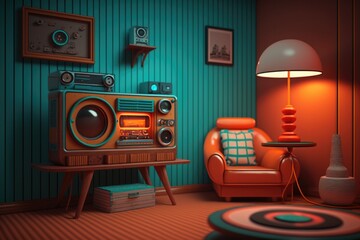 Naklejka premium lo-fi retro living room, vintage concept, chill anime interior, generative ai
