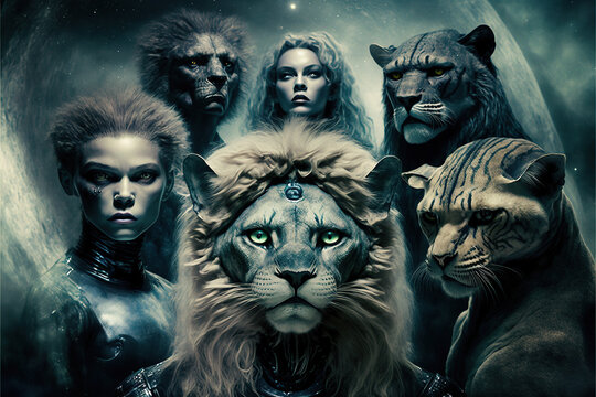 Feline Lion Headed Extra Terrestrial Alien Beings from Lyra created with Generative AI 