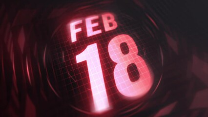 18 February in 3d motion graphic. Infrared calendar in futuristic and tech glowing neon for takes, commemoratives in led and etc. 4k in loop