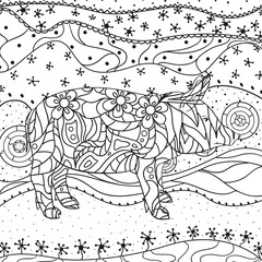 Obraz premium Ornate wallpaper with pig. Hand drawn waved ornaments on white. Abstract patterns on isolated background. Design for spiritual relaxation for adults. Line art. Black and white illustration