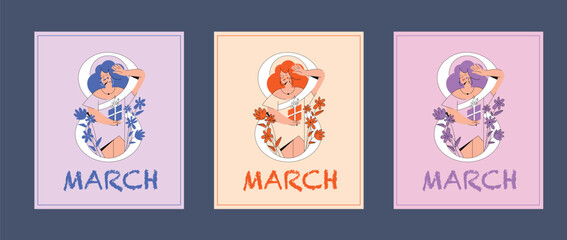 March 8 greeting card set. Girl in flat style with flowers and a gift in her hands. Advertising, web, social media and fashion ads. Poster, flyer, greeting card, header for website
