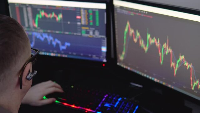 Crypto trader investor analyst broker using pc computer analyzing digital cryptocurrency exchange stock market trading graphs report thinking of investing funds risks doing global analysis