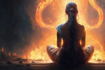 yoga meditative person view from back in the dark with fires around, digital art,generative ai