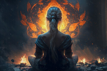 yoga meditative person view from back in the dark with fires around, digital art,generative ai