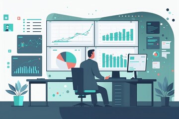 Business Daten Analyst mit Computer, anlasiert Geschäfts und Finanzdaten für Marketing und Verkauf. Management, Wirtschaft, Börse, Finanzen.
