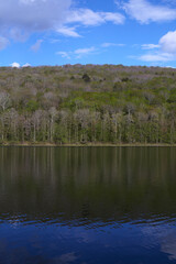Landscape with trees reflected on a lake surface and bright blue sky. 