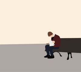 Man with mobile phone reading a book while sitting outdoors on holiday vacation. College Student studying.