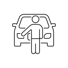 Man standing in front of car icon line style isolated on white background. Vector illustration