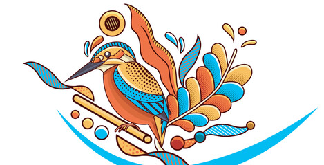 Graphic design of a bird with a flat style natural ornament  