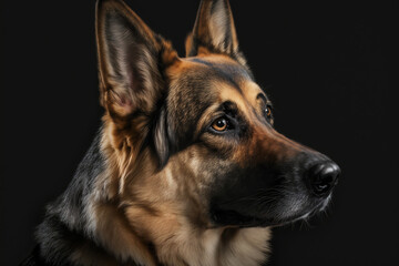 Beautiful german shepherd dog, studio portrait. Sheepdog face isolated on black background. Police dog breed