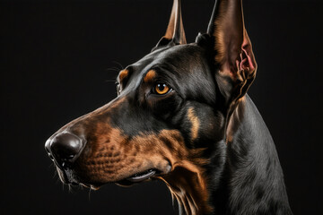 Beautiful doberman dog, studio portrait. Premium security dog face isolated on black background. Luxury short hair black dog breed