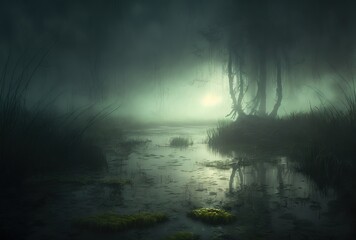 dark spooky swamp at night with mist and fog. moonlight shining on the water pond and lake. 