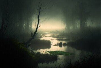 dark horror swamp. forest lake at night