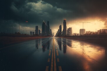 Naklejka premium epic dystopian highway leading to a post apocalypse skyline with tall skyscrapers and buildings. west concrete. light shining through the dark stormy clouds. 