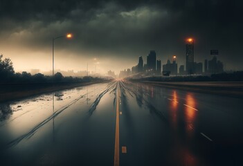 Naklejka na ściany i meble rainy and stormy highway leading to a apocalypse city skyline.
