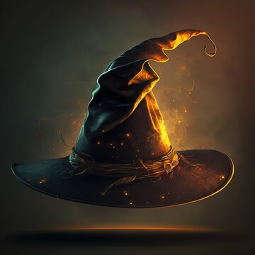 glowing brown leather witch hat. glowing fog background.