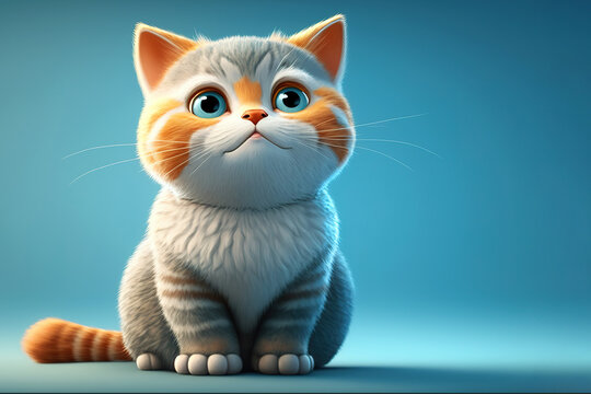 3D cartoon style cute kitten over light blue background with copy space.