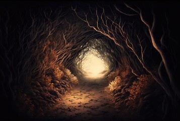 dark dry path. barren road leading to a thorn portal. horror landscape path.