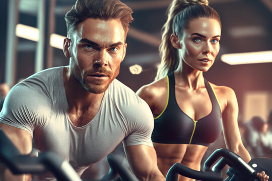 Young very fit looking man and woman working out at the gym on exercise bikes, bright wellness image, generative AI illustration